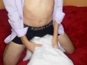 Doctor teaches you to masturbate with your pillow until you cum on his chest