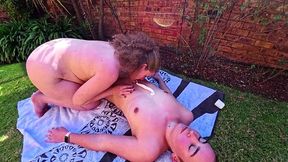 Outdoor lesbians enjoy a whipped cream body lick and big fat pussy eating