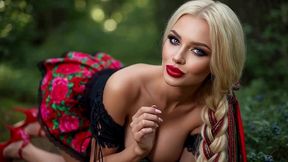 busty slavic blonde in short folk skirt shows perfect body - outdoor nude & barn fingering ai generated