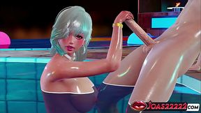 Curvy Asakura rides big dick with sloppy blowjob and handjob in water