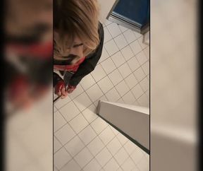 Walk in Parking House, Blonde in Overknee Boots, Red Pvc Dress and Long Leather Coat