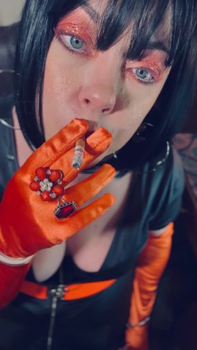 Satin Gloved Cougar Tina Snua Tip To Tails 2 Cigarettes  - Gloves Smoking Smoker Chain Smoking