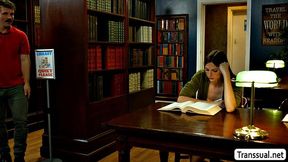 Making out with sexy brunette TS librarian