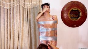 Plastic-wrapped Slave Milked to Double Orgasm by Bratty Femdom Duo