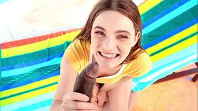 Teen sweetheart Juniper Ren seduces black hunk Sheem with her cute oral skills