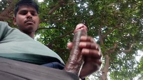 Indian Man Milking His Humungous Chocolate-colored Uncircumcised Shaft Outdoors