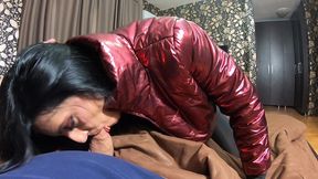 blowjob in my tight jumpsuit & shiny downjacket – he came all over me 💦 230
