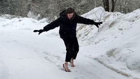 Girl on stilettos walking on ice, high heels on snow, high heels sliding, slippery stilettos, strappy high heels on ice, high heels sandals walking on ice