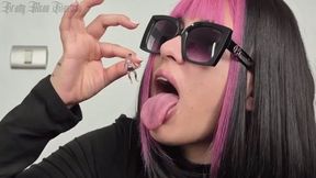 Sexy Giantess VORE on shrunken man until he arrives her stomach to get humiliated until digested inside
