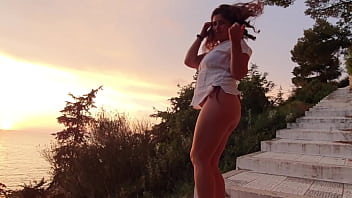 Girl Is Pissing On Hill During Sunset!