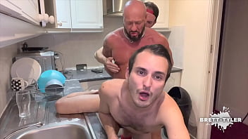 Macho Daddy bareback fucks Twink and Jock all over the house