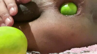 Inserting lemons in my ass while showing my pierced cock in chains Part I