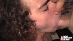 Twink gobbles hungry daddy's thick cock till mouth overflows