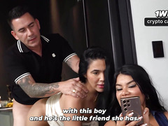Insane cuckolding with brown-haired mummy and puny jugs milf, donk bounce and blowjob.