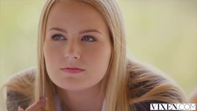 Hot blonde college girl Lily Rader sucking off and riding big penis