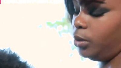 Bombastic ebony babe with huge breasts enjoys hardcore interracial action