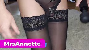 the feminized bitch in stockings wants to cum in his panties. sissy in the chastity belt.