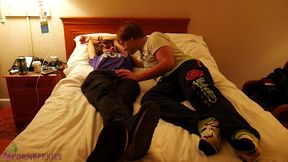horny boyfriends kiss, wank and cum together in a motel room