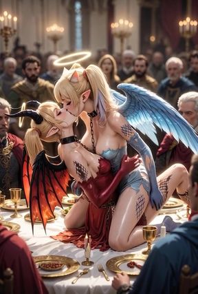 Brunette lesbian catgirls share a steamy kiss as sex slaves