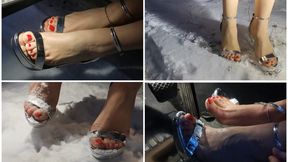 EXCLUSIVE: Sexy barefoot girl in high heel sandals on snow; frozen feet and toes