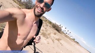Sport young dude gets bare on Barcelona public beach after gym exercise