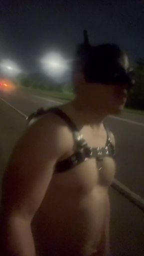 Naked Muscular Asian Stud Owns the Night Streets in Nothing but a Leather Harness