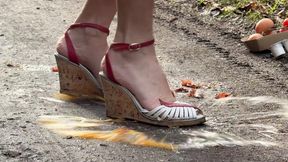 Messy wedge shoes crush, food crush by wedgies, eggs crush, milc pods crush, tomatoes crush