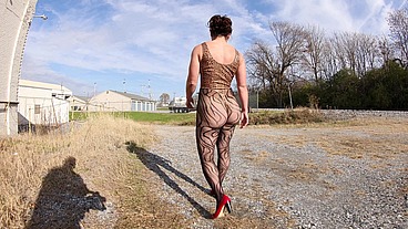 Thong leotard - exhibitionist on the docks