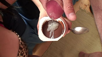 Scooping Cum Pudding into her blowhole. Britney Swallows Cum Eating, Gokkun, Spoonfed Cum, Cum on Food