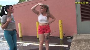 two desperate to pee girls both wet their pants outside in shame