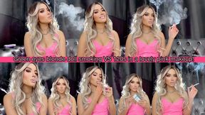 Green eyes blonde doll smoking VS 120s in a lovely pink makeup!