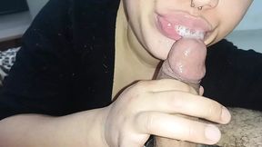 DROOLING ALL OVER THE CUCKOLD&#039;S HARD COCK, SMEARING WITH HIS BLOWJOB