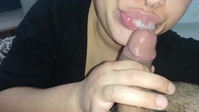 DROOLING ALL OVER THE CUCKOLD&#039;S HARD COCK, SMEARING WITH HIS BLOWJOB