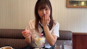 Japanese busty girl in school uniform gave her hairy pussy for dinner in a cafe