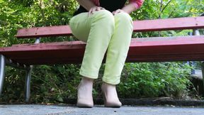 Raven: Toe Tapping Crossed Legs, High Hells and Green Jeans Outdoor