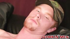 Redhead amateur tugging his long heavy prick & blasting cum