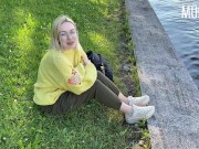 Cumshot in the mouth of a webcam girl  in a public Park | / Murstar