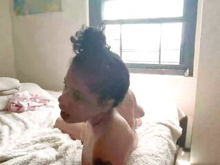 Amateur Ebony Does YOGA and ORAL-JOB Super Close To Her Window
