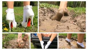 Emily is walking in deep soft mud in sexy socks, pantyhose and barefoot