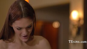 Sizzling shemale and lustful milf with massive breasts indulge in delicious dessert