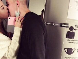 A Cute Beauty Sucks a Shlong and Takes Cum in her Throat, in a Fitting Room, in a Shopping Center
