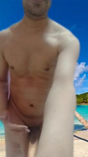 Nude boy on the beach shows his full nude body.