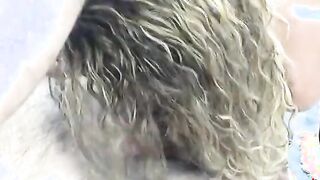 Adorable blondie with huge curly hair blows penis and gets pounded on the sofa