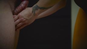 Handjob while saran wrapped with cock slaps and cumshot ending