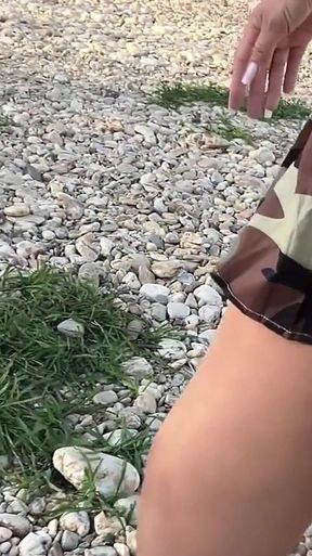 Outdoor Exhibition in Micro Skirt Sexy Stockings and Anal Plug