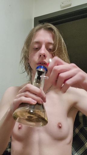 Smoking trans guy goes topless