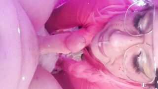KEEPS GOING! femboy gets facial cumshot then keeps going, he pops again gargle