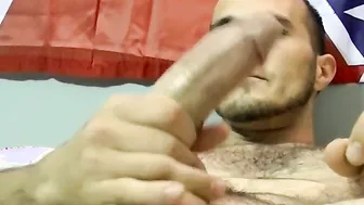 Hairy amateur smokes and strokes his big cock solo