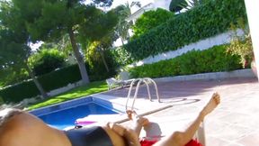 Busty milf in lingerie gets fucked right next to the swimming pool