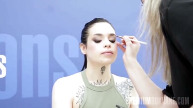 Tattooed brunette Saba Lapiedra gets facial cumshot during steamy behind-the-scenes photo shoot